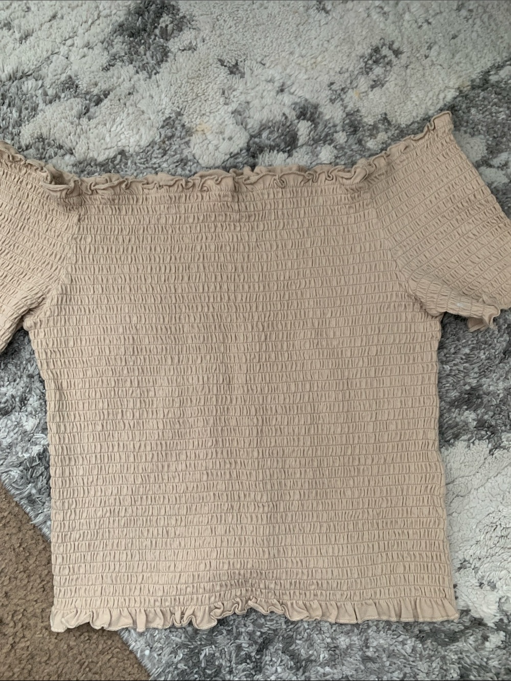 H&M Beige Smocked Ruffle-Neck Top